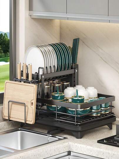 1 件碗碟晾干架，节省空间的碗碟架，厨房台面碗碟架，不锈钢厨房碗碟晾干架，带餐具架，碗碟、刀、勺子和叉子的架子