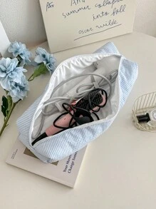 条纹图案蓬松柔软女士化妆包，拉链旅行化妆包，可爱格子洗漱包，返校用品