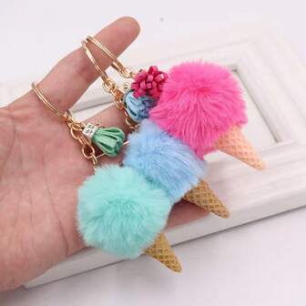 1pc Ice Cream Keychain Plush Cartoon Pendant, Cute Zinc Alloy Bag Charm Keyring, Daily Use