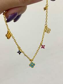 Stylever 1Pc Summer Dopamine Rainbow Candy Colorful Bracelet With Zirconia Flower Clover Light Luxury Premium Sense Niche Sense Collarbone Chain Daily Versatile Fashion - Dopamine Four-leaf Flower Bracelet - View 8