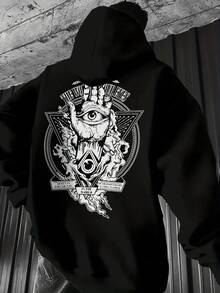 Krometka 男士秋冬神秘图案印花宽松连帽衫 - 黑色 - 查看 2