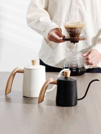 1pc 304 Stainless Steel Manual Coffee Pot, Long Spout Wooden Handle, 350ml Capacity, Home Use Gooseneck Kettle Coffee Maker, Measurement Scale Inside