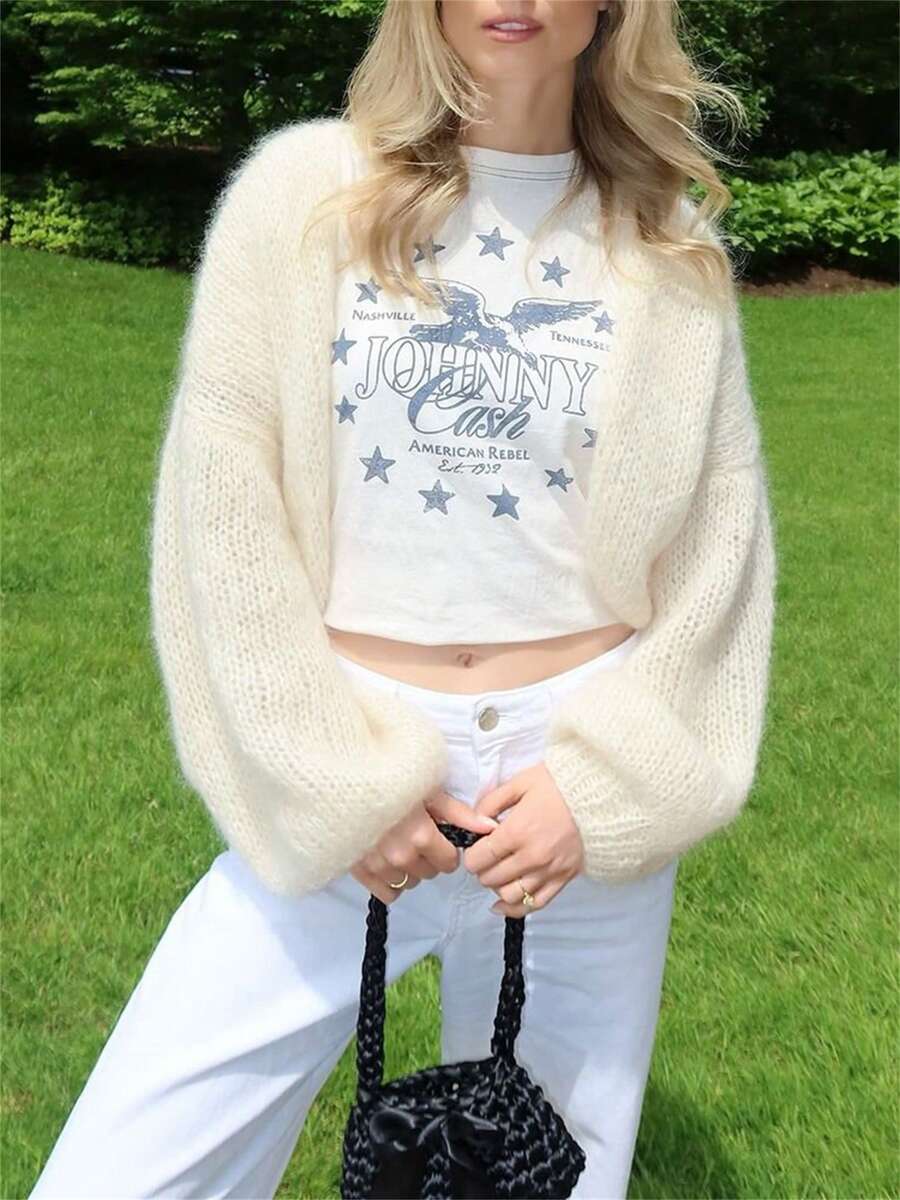 Women's Fuzzy Knit Sweater Long Lantern Sleeve Open Front Solid Color Cardigan Fall Coat - White - View 1