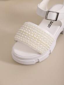 1双女童户外凉鞋，新款夏季圆头拼接设计，亮面加厚防滑耐磨鞋底，时尚儿童罗马凉鞋 - 米色 - 查看 7