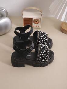 1 Pair Girls' Outdoor Sandals, New Summer Round Toe Patch Design, Shiny Thick Non-Slip Durable Sole, Fashionable Children's Roman Sandals - Black - View 6