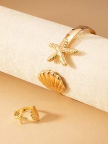 1 套时尚简约海洋风格海星和贝壳可调节手链和戒指首饰套装，适合女性度假旅行的礼物