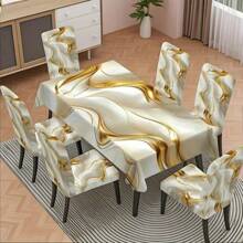 Set de 5 piezas/7 piezas de mantel y funda para silla de mármol ondulado de platino de alta calidad, lavable, adecuado para todas las estaciones, decoración del hogar, fiesta interior y exterior