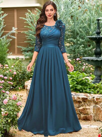 MIUSOL Vestido de fiesta formal largo con manga 3/4, decoración de flores 3D, encaje floral con lentejuelas y contraste de gasa con pliegues en el dobladillo, ideal para bodas, graduaciones y cenas.