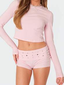 Women Y2K Studded Foldover Micro Shorts Vintage Low Waist Slim Fit Mini Shorts Summer Boxer Short Party Clubwear - 粉色 - 查看 2