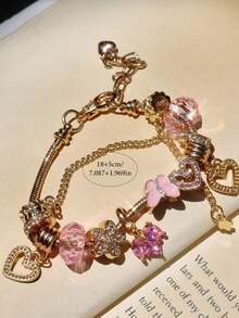 1 chiếc vòng tay trái tim cổ điển, vòng tay trái tim màu hồng, vòng tay trái tim hoa bướm, vòng tay quà tặng trái tim - Vàng - Xem 9