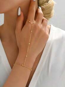 1 pezzo Bracciale da dito in metallo con catena a sfere stile europeo americano, design di alta gamma, bracciale da spiaggia estivo di nicchia per donne (perline casuali) - Dorato - Visualizzare 2