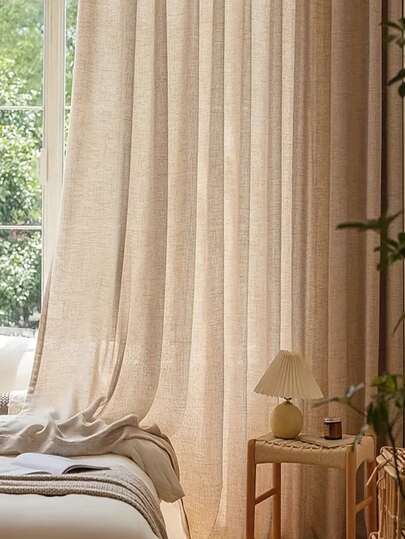 1 st/2 st japansk stil enfärgad gardin, minimalistisk ljusbrun linnestil dekorativ ljusfiltrerande gardin med stång, lämplig för vardagsrum och sovrum fönsterdekor, höstdekor, höstdekor, rumdekor