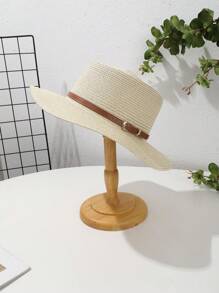 قبعة قش بوهيمية بإبزيم جلد بني محدب مسطح، مناسبة للاستخدام الخارجي في الصيف والسفر والعطلات