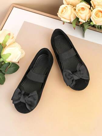 2025 Fashionable Velvet Material Bow Design Flat Non-Slip Soft Bottom Mary Jane Ballet Flats, Suitable For All Seasons