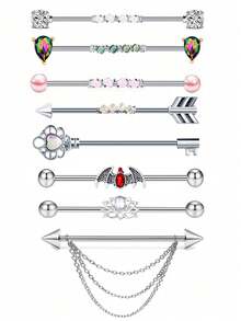 8入組14g不銹鋼工業用耳珠軟骨身體飾品38mm 1&1/2 英寸工業用刺穿條,適用於女士男士蛇鏈垂墜