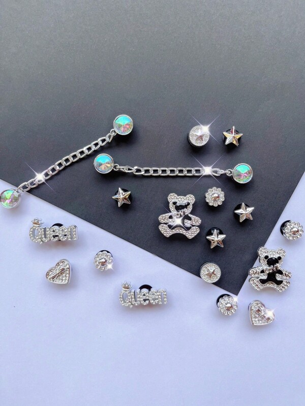 18pcs AB Rhinestone Silver Chain, Letter Bear, Silver Rhinestone Queen Letter, Star, Heart Shoe Charms DIY Accessories, Suitable For Women's Sandals, Slippers, Garden Shoes, Beach Bags, Multifunctional Shoe Clips Decorations, Ideal Gift For Holidays And Birthday Parties