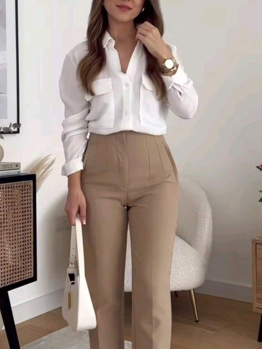 Pantalón Pinza Liso Elegante Casual Tela Cremallera Bolsillo Pinza Formal y de noche - Caqui - Ver 1