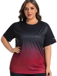 1件女士加大码渐变色数码印花宽松运动短袖T恤，适合跑步、瑜伽、健身、户外、休闲、度假等场合，圆领套头衫，尺码：0XL、1XL、2XL、3XL、4XL、5XL