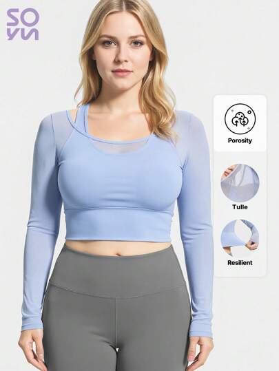 Soyun Women's Autumn Long Sleeves Mesh Yoga 2 In 1 Top Suitable For Outdoor Activities And Home Leisure