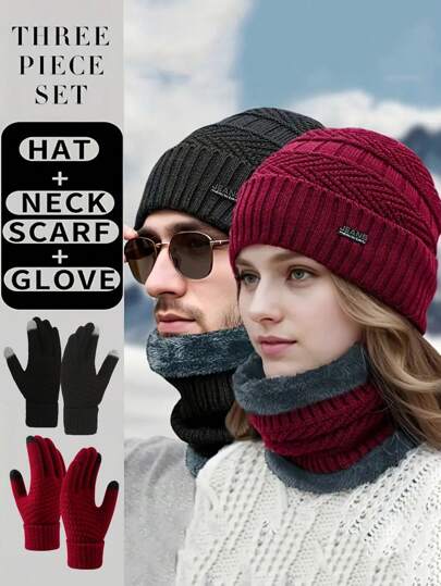 3pcs Men & Women Knitted Cashmere Beanie Hat, Soft Warm Scarf & Touch Screen Gloves, Warm Winter Gift Set Fall