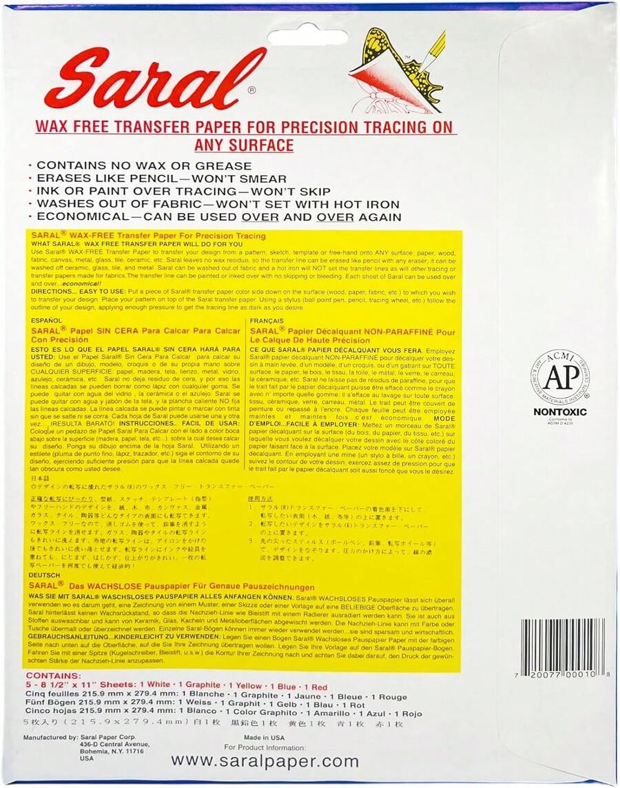 Saral Paper Corp Wax Free Transfer Tracking Paper Sampler Pack - One 8.5 Inches X 11 Inches Sheet For Each Color (Red, Blue, Yellow, White, Graphite) - 1 - 查看 1