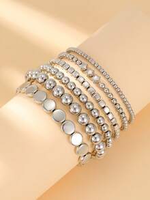 6 pièces/set Bracelet élastique empilé avec perles géométriques CCB minimaliste et polyvalent de style rétro, convient pour les tenues de travail quotidiennes des femmes - Argent - Voir 2
