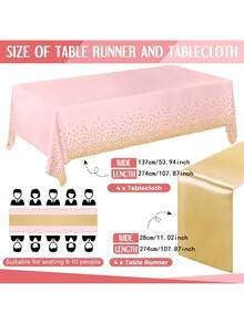 Pink And Gold Disposable Plastic Tablecloth And Satin Tablecloth Set, 137 X 274cm Tablecloth, 28 X 274cm Tablecloth, Suitable For Weddings, Graduation Birthdays - Pink - View 3