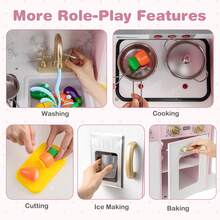 Kids Kitchen Playset W/ Apron Stoves Hood Oven Ice Maker Microwave Telephone - Pink - View 5