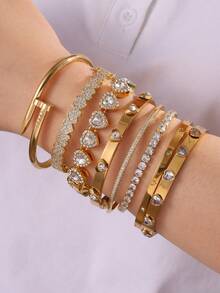 1 件不锈钢 Y2K 心形手链首饰套装，适合女性日常佩戴，时尚夏季首饰，防水，适合海滩和度假村佩戴 - 金色-愛心 - 查看 1