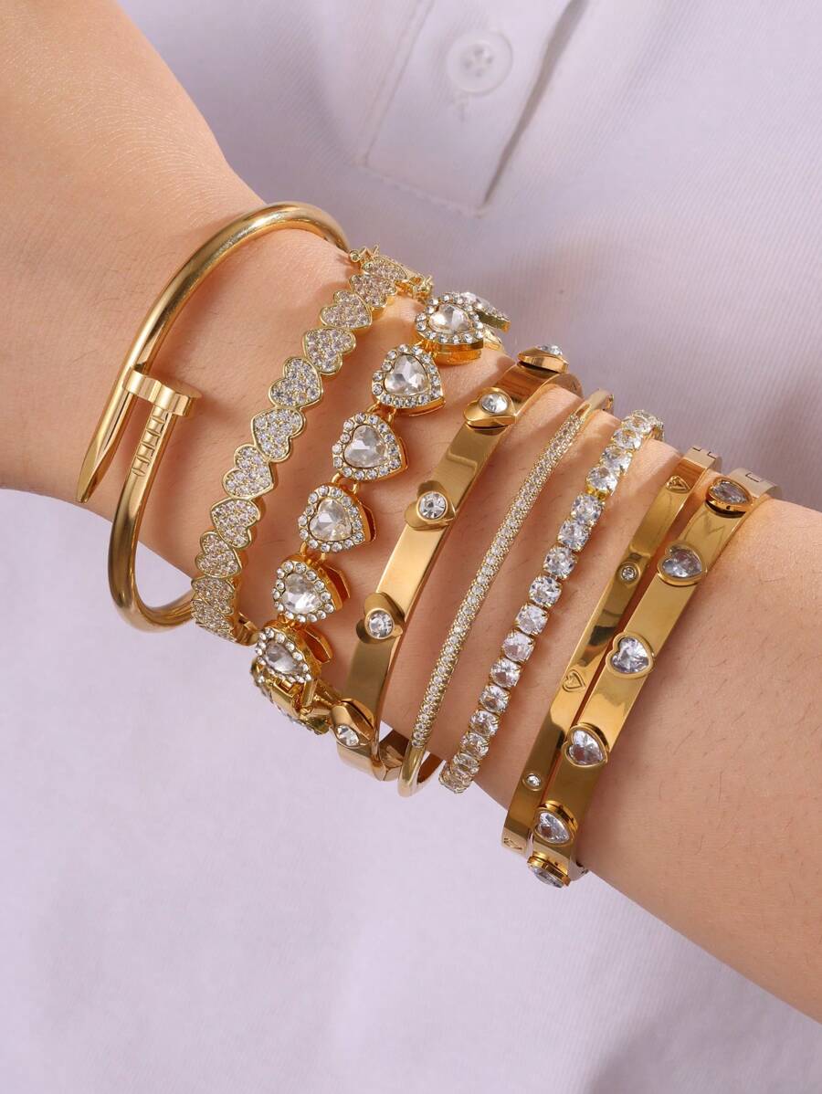 1 件不锈钢 Y2K 心形手链首饰套装，适合女性日常佩戴，时尚夏季首饰，防水，适合海滩和度假村佩戴 - 金色-愛心 - 查看 1