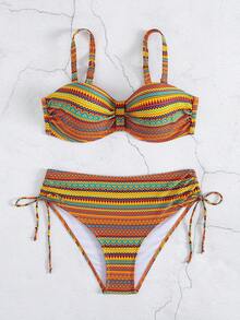 Women's Two Pieces Swimwear Set, Retro Print, High Stretch Knit Fabric, Polyester 82% & Elastane 18%, Geometric Pattern, Drawstring Design, 195gsm Top, 130gsm Lining, Summer Beachwear - Multicolor - View 5