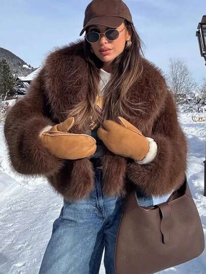 Chaqueta de mujer de unicolor de piel sintética, abrigo de invierno de manga larga cálido, chaqueta casual suelta de moda con solapa