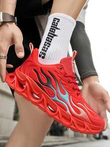男士透气网眼休闲火焰图案运动鞋，软底轻便青少年运动跑步鞋，红色