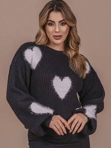 Heart Blouse With Fur Knit Wool Fang Puff Sleeve Women's Oversize Winter Cold Laffy Knit - 黑白 - 查看 1