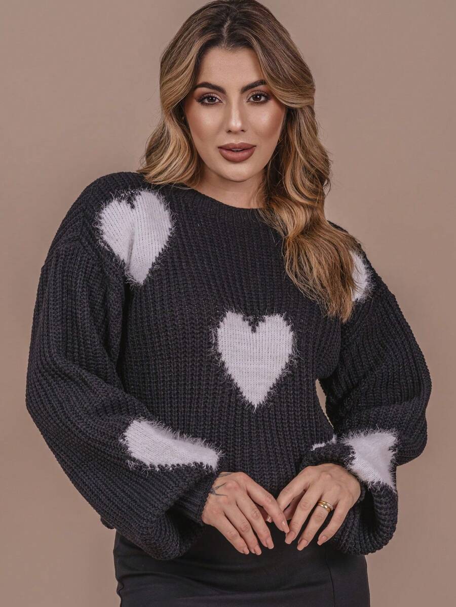 Heart Blouse With Fur Knit Wool Fang Puff Sleeve Women's Oversize Winter Cold Laffy Knit - 黑白 - 查看 1
