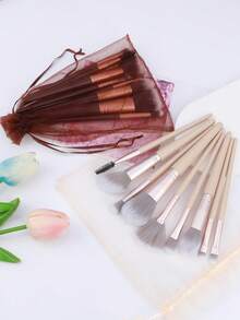 RANCAI 9pcs Makeup Brush Set, Includes Powder Brush And Foundation Brush, Portable Makeup Tools, With Mesh Storage Bag - Beige - View 7