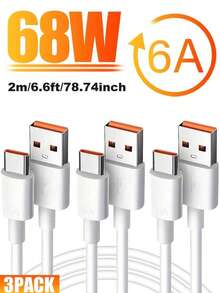 68W 6A USB A 转 Type C 充电线，3 条装/2 条装/1 条装，3.3 英尺/6.6 英尺 USB-C 充电数据线，兼容三星 Galaxy S25/S24/S23/S22/S21/S20 等智能手机，USB-C 充电数据线，手机 Type C 充电线 - 白色 - 查看 13