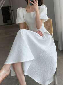 Vestidos midi para mujer,Mujer de la cintura delgada Temperamento vestidos de manga corta - Blanco - Ver 4