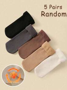 5 Pairs Children's Socks/Ski Socks, Solid Black Thermal Lined, Simple Vertical Stripe, Warm & Windproof, Fashionable For Autumn/Winter, Comfortable Casual Crew Socks Suitable For Party, Home, Office, Outdoor & Daily Wear, Random Color Assortment - Multicolor - View 5