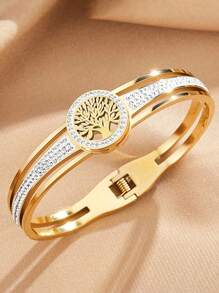 1pc 18K Gold Plated Stainless Steel Fashion Tree Of Life Bracelet, Elegant Accessory