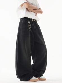 1pc Justice Brother Vintage Washed Loose Fit Wide Leg Jeans, Casual & Couple Style (With Distressed Hem) - Black - View 6