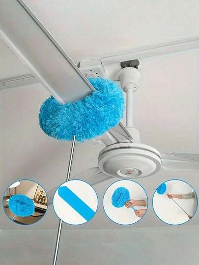 吊扇清洁掸子，长柄超细纤维吊扇掸子，可重复使用的超细纤维吊扇叶片清洁器（带延长杆），可机洗，轻松清洁刷 - 可拆卸刷子，易于清洁，非常适合房车和家庭使用，用于清洁墙壁、书架、家具、门窗顶部