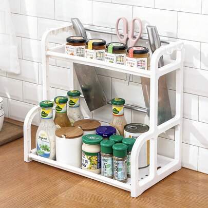 Scaffale organizzatore da cucina a doppio ripiano, in plastica portatile di piccole dimensioni, ad alta capacità, per riporre spezie e altri oggetti