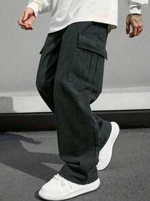 男士宽松工装裤，带口袋和抽绳腰带，纯色直筒休闲裤，适合作为送给丈夫或男友的礼物，也适合休闲和户外穿着。 - 灰色 - 查看 3