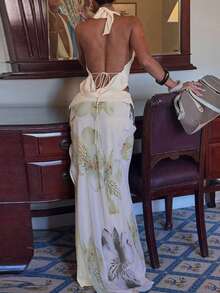 Women Lace Up Backless Halter Swing Collar Crop Top And Floral Print Side Slit Mesh Long Skirt Two Pieces Set Elegant Sexy Matching Outfit Summer - Light Yellow - View 8