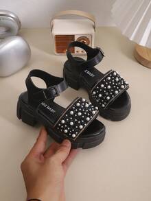 1 Pair Girls' Outdoor Sandals, New Summer Round Toe Patch Design, Shiny Thick Non-Slip Durable Sole, Fashionable Children's Roman Sandals - Black - View 2