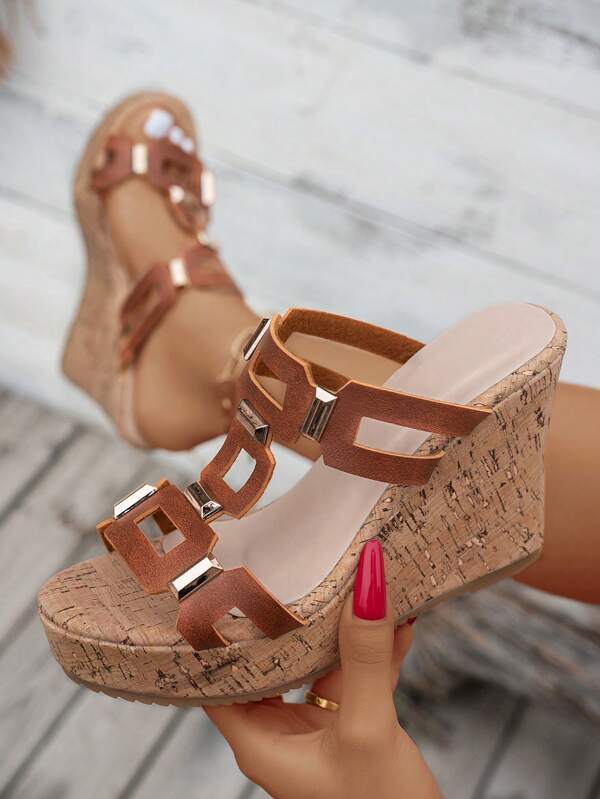 Sandalias de cuña de corcho suave con tiras para mujer - Diseño de punta abierta, sandalias de plataforma de tacón alto y suela gruesa color caqui para mujer, esenciales casuales de playa, sandalias trenzadas