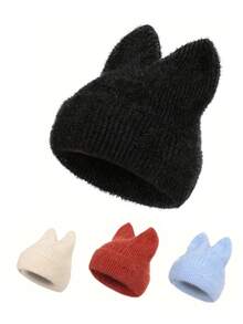 Gestrickte Mütze für Damen mit niedlichen Katzenohren, warmer Beanie, dehnbare Strickkomposition, lässige Outdoor-Mode, einfarbig, Polyester, Herbst/Winter