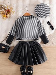 Infant/Toddler Girls 3pcs Set: Plaid Rose Button Detail Fashion Skirt, Beret Hat, Versatile Chic For Daily, Outdoor, School, Vacation, Commute, Spring/Autumn