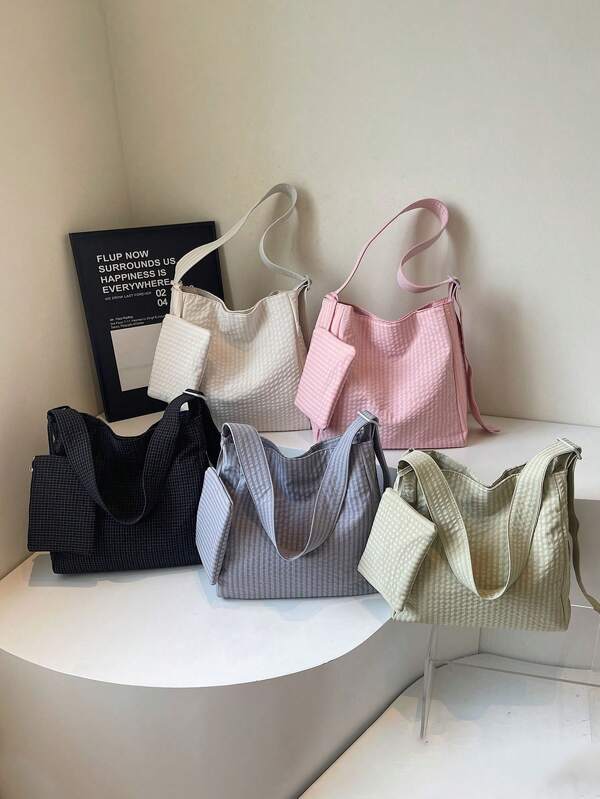 Bolsa transversal xadrez de waffle para mulheres, mochila universitária de grande capacidade e relaxada, mochila de estudante de cor sólida para aulas de reforço, mochila de escritório para ir e vir, bolsa de viagem curta leve e versátil, acompanhada de uma bolsa de moedas com o mesmo zíper